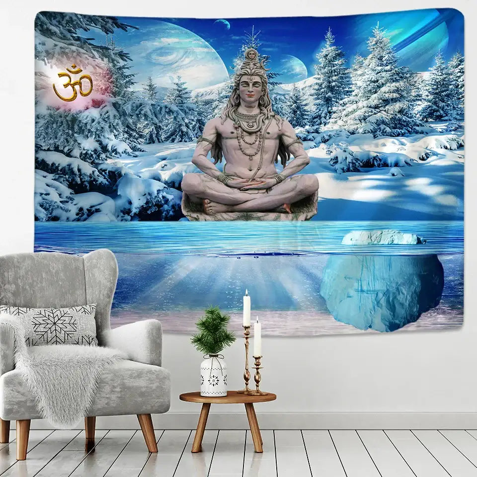 Meditative blue and white buddhism wall hanging tapestry featuring seated shiva in snowy landscape for bedroom decorbites buddhism wall