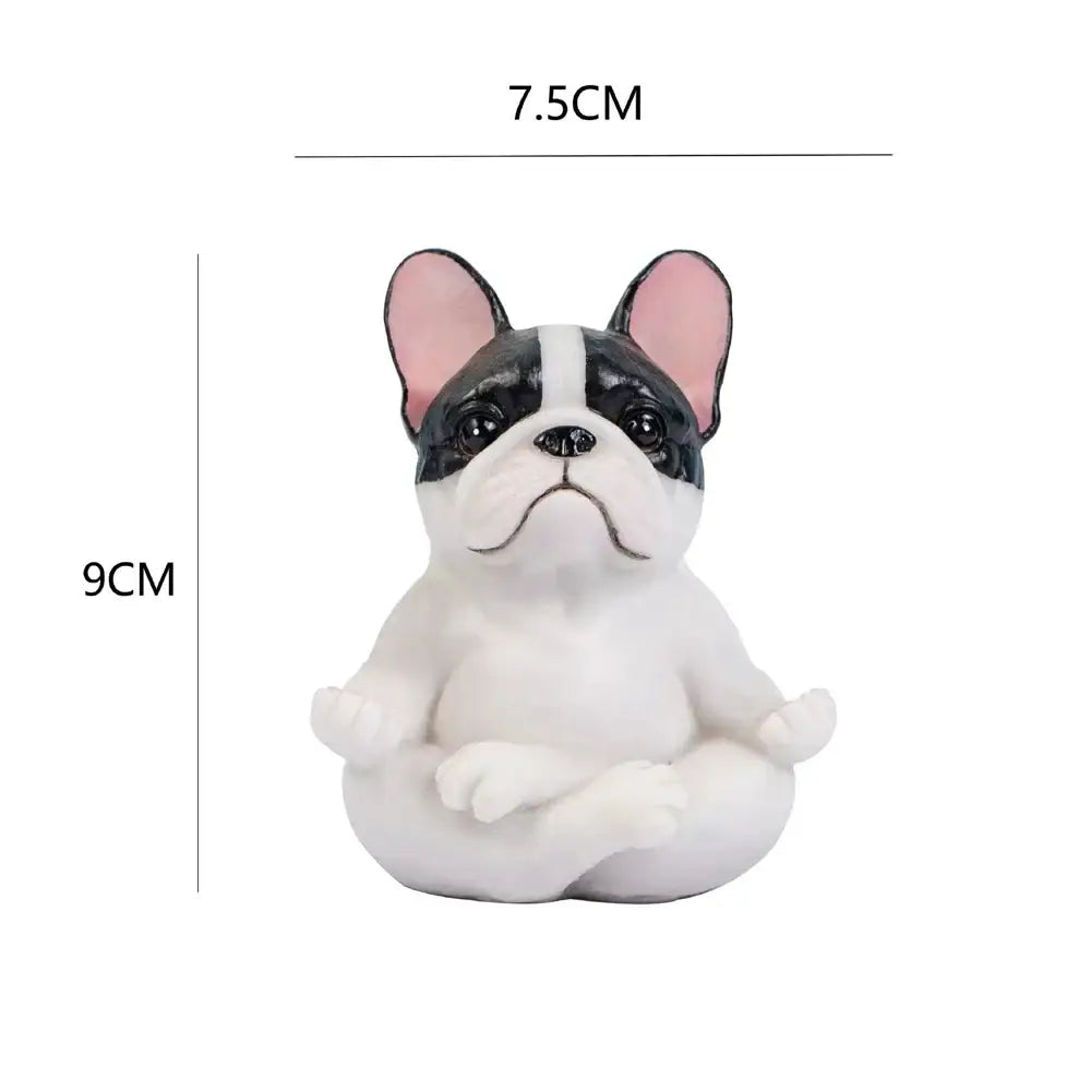 Adorable black and white bulldog resin statue with pink ears in a meditative pose from decorbites bulldog resin set