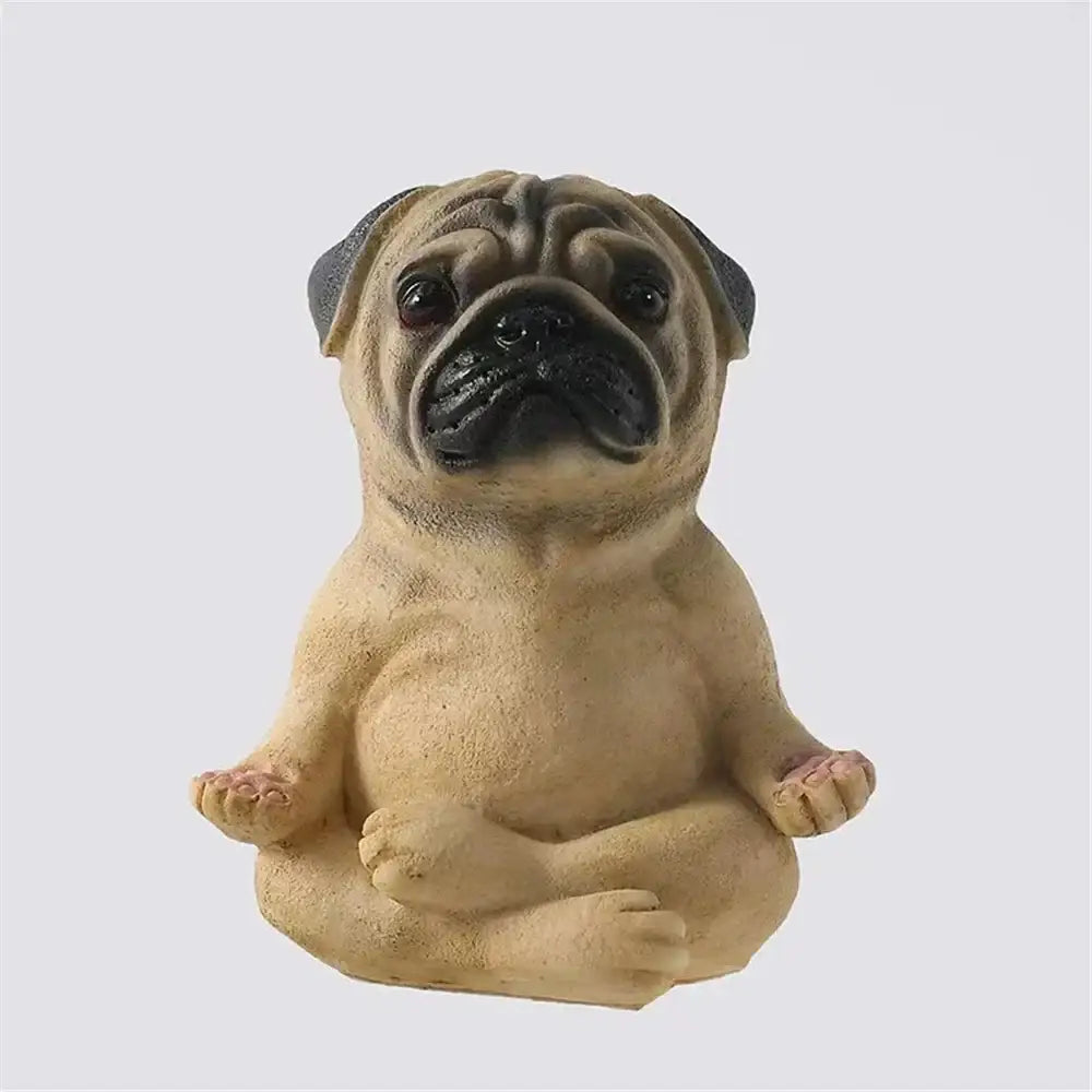 Beige meditative pug resin statue with black facial features and gray ears from decorbites bulldog resin set garden decor