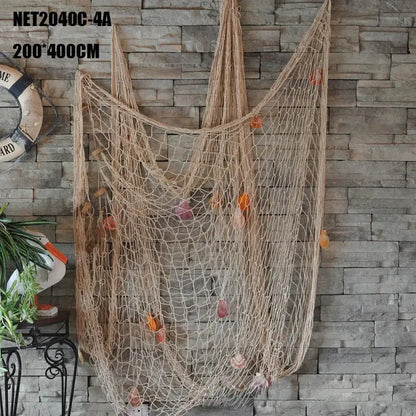 Mediterranean beige decorative fishing net wall hanging with colorful seashells and dried orange slices for living room decor