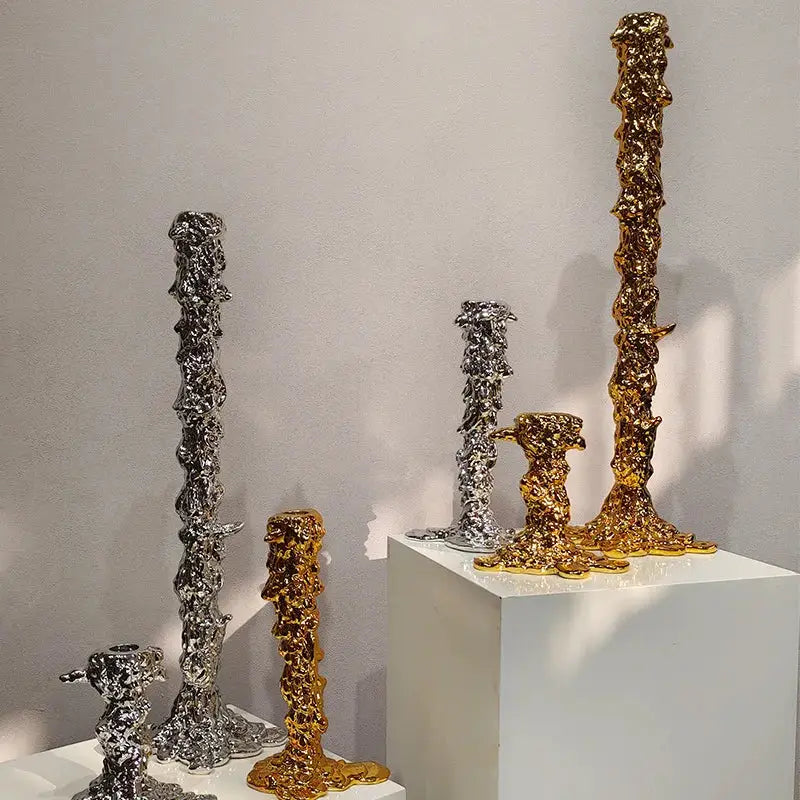 Golden and silver textured candlestick holder with molten metal sculptural design for dining room decorbites decor