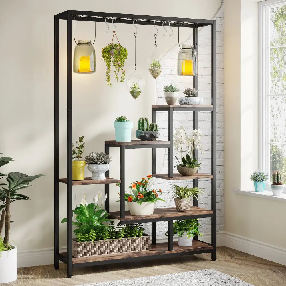 DecorBites™ 5-tier tall black metal and rustic wood plant stand with hanging hooks and glass jar accents