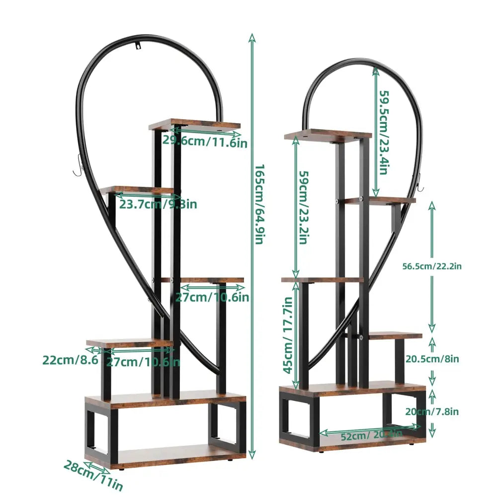 Black metal and wood heart shape plant stand with six tiers for displaying plants or decorative items decorbites half heart