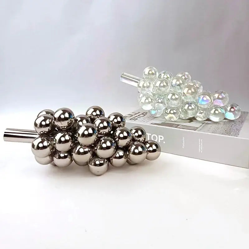 Shiny metallic glass geometric grape cluster sculpture with crystal glass accents for dining room decorbites decor