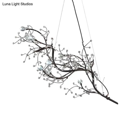 Elegant black situla metallic thin branch chandelier with crystal beads suspension light for romantic boutique decor