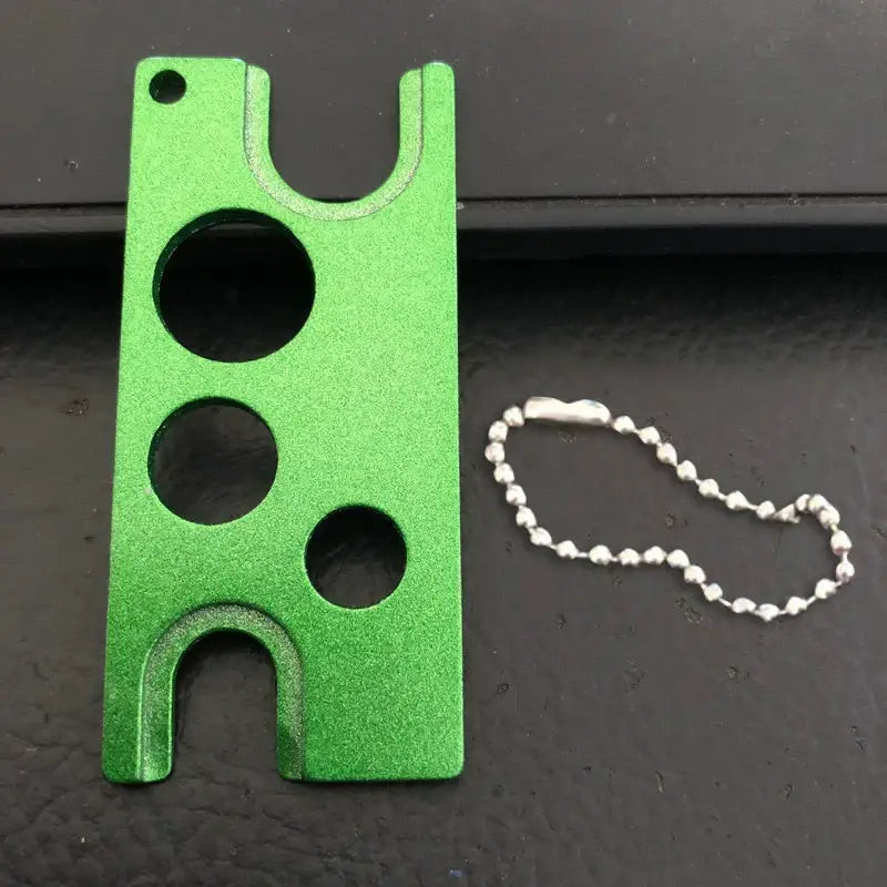Bright green metallic essential oils opener card holder with three circular cutouts and keychain loop by decorbites essential oils