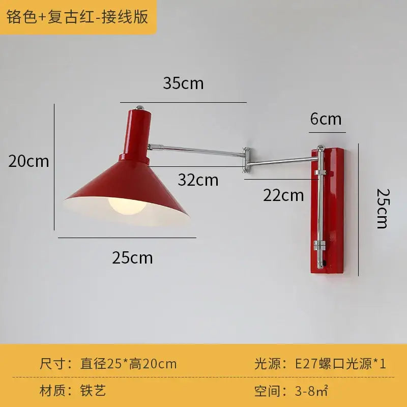 Red vintage-style wall lamp with conical shade and chrome arm from decorbites cream wind wall bedroom reading light