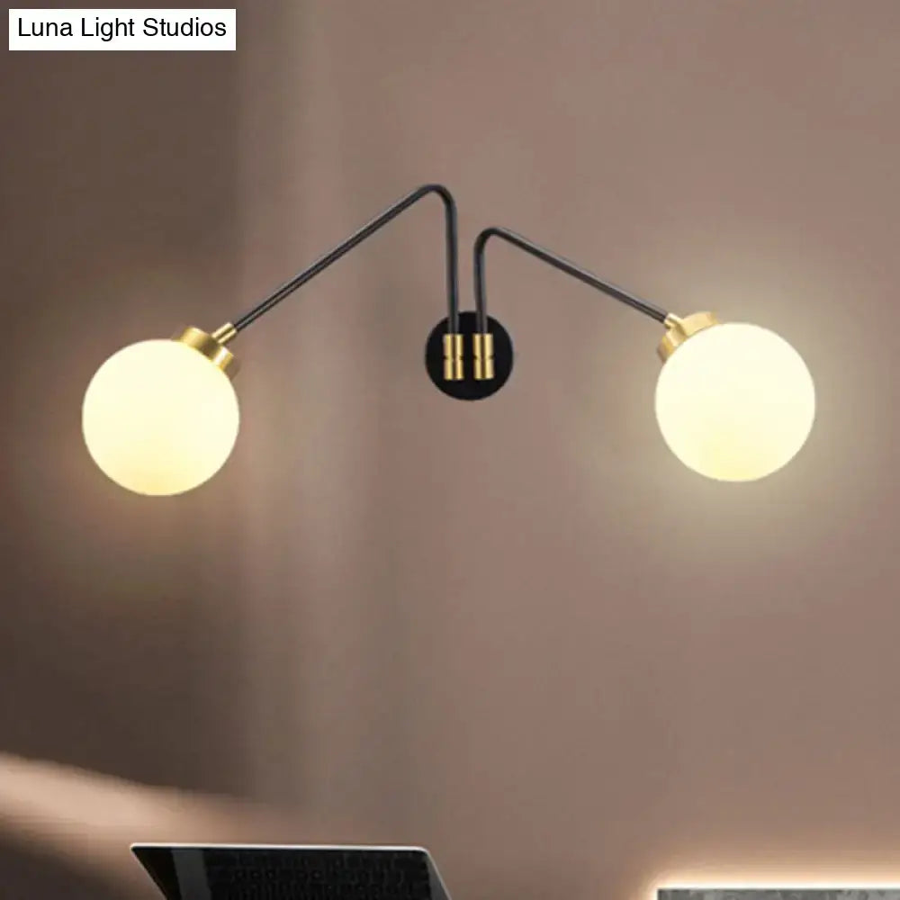 Modern black and brass double-arm wall sconce with frosted opal glass globes for e26 e27 bedroom lighting
