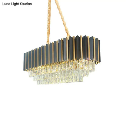 Modern black and gold rectangular light fixture with cascading crystal droplets crystal island pendant for dining room
