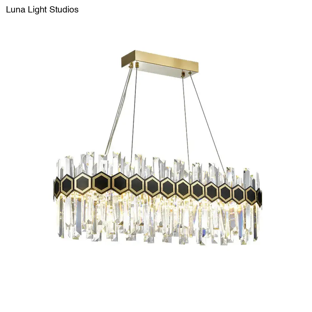 Mid-century black and gold crystal pendant light with gold ceiling mount and hexagonal ring for dining room 110v-120v
