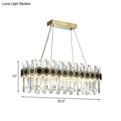 Mid-century black and gold crystal pendant light with clear prisms and hexagonal accents for dining room 110v-120v
