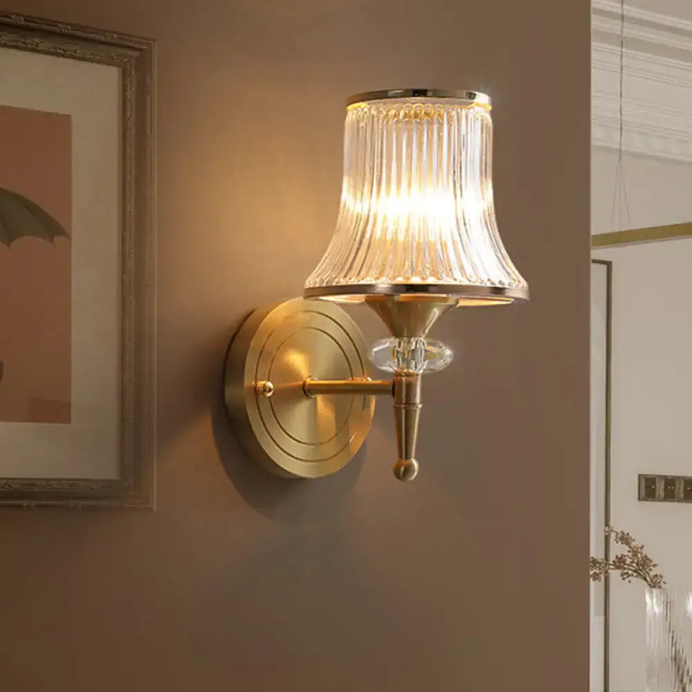 Mid-century brass crystal ribbed wall mounted lamp with fluted glass shade for living room lighting