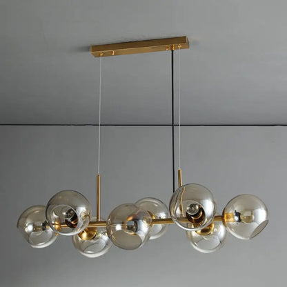 Mid-century gold metal chandelier with clear smoked glass spheres, led incandescent fluorescent compatible 110v-120v 220v-240v