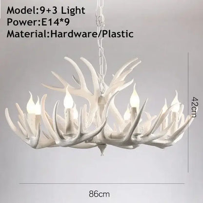 Mid century modern golden decorbites antler chandelier with nine illuminated white antler bulbs and plastic frame lighting