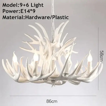 White antler chandelier with nine candle-style lights made of hardware and plastic for dining room decorbites antler chandelier