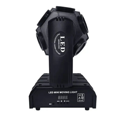 Black led mini moving light with hexagonal head and digital display featuring red green laser for nightclub party use