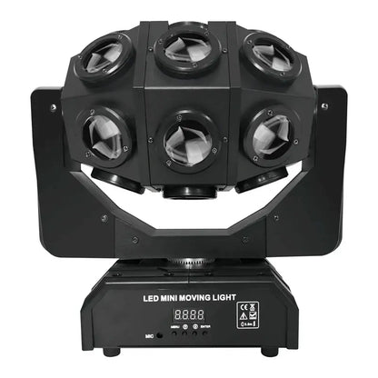 Black led mini moving light with six circular lenses in a hexagonal pattern for red green laser light nightclub use
