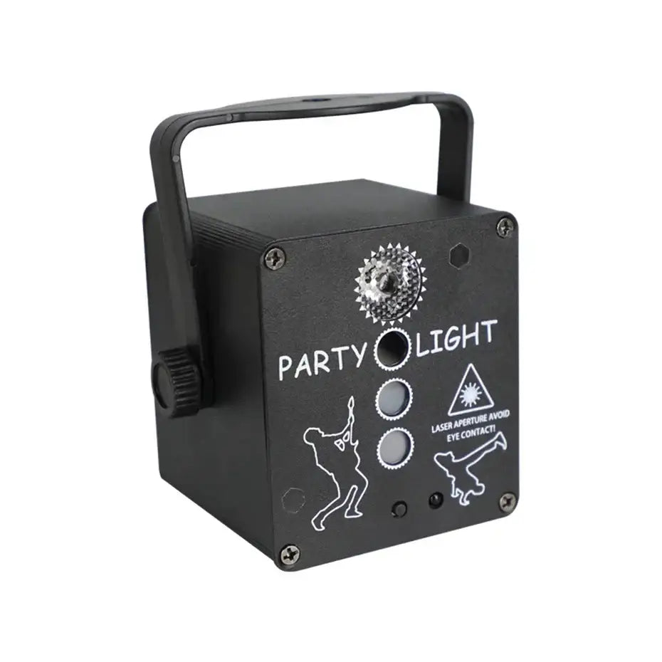 Black rectangular mini rgb laser light projector with handle and white decals for living room party decorbites mini rgb