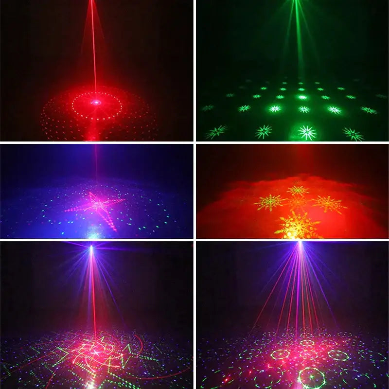 Decorbites mini rgb laser light projector displaying vibrant red green blue and purple starburst and geometric patterns