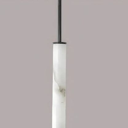 Minimalist pendant light with white amber marble body and black metal suspension rod for kitchen dining room lighting area