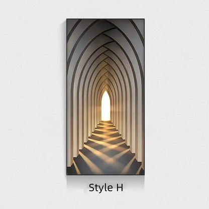 A modern black-framed canvas print with warm golden light complements a minimalist beige abstract led wall lamp hallway art
