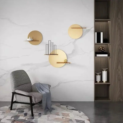 Minimalist beige round metal wall storage shelf with gold-toned circular design and wooden slats for living room wall storage