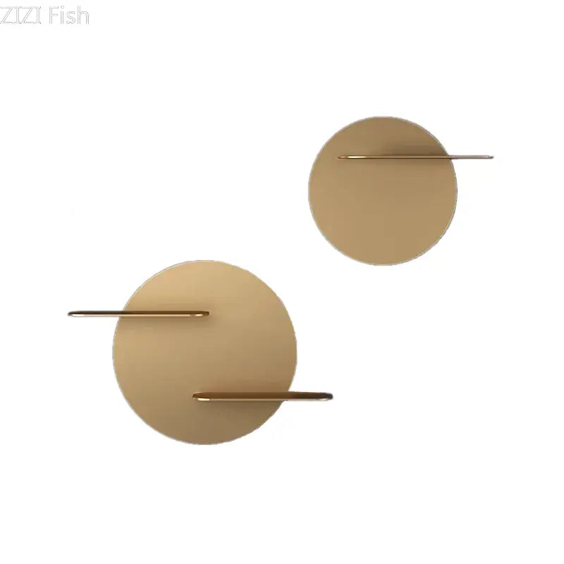 Minimalist beige round metal wall storage shelf with gold-toned circular design and horizontal bars for living room wall storage