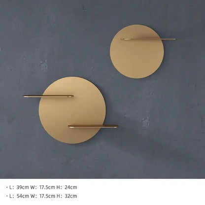 Minimalist beige round gold-toned metal wall storage shelf with slender horizontal bars for living room wall storage