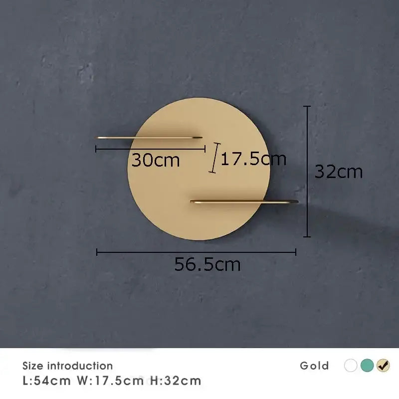 Gold circular wall sconce with two horizontal bars extending from its diameter for minimalist wall storage shelf use