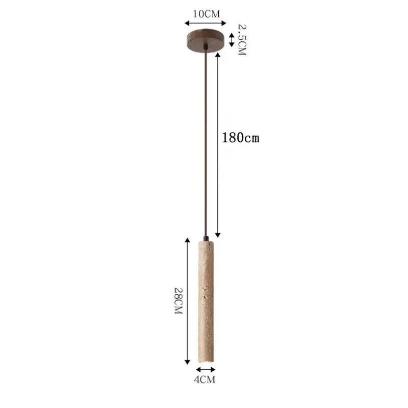 Minimalist beige travertine cylindrical cord pendant light with textured shade and dark metal rod for dining table lighting