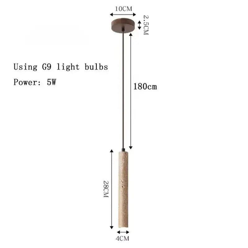 Minimalist beige travertine cylindrical cord pendant light with dark metal rod suspension for dining table lighting