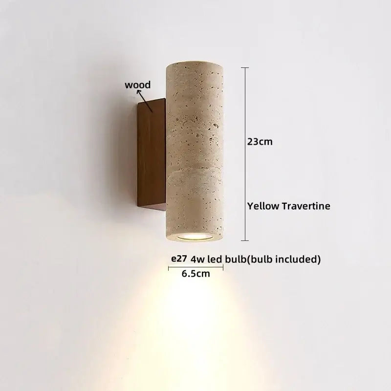 Minimalist yellow travertine led wall lights with wooden backplate for bedroom stone clock wall lights