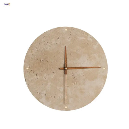 Minimalist beige travertine wall clock with stone face, wooden hands, and brass detail for led wall lights bedroom decor