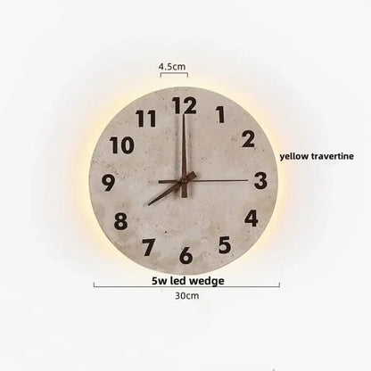 Minimalist beige travertine stone wall clock with black numerals and 5w led wall lights for bedroom illumination