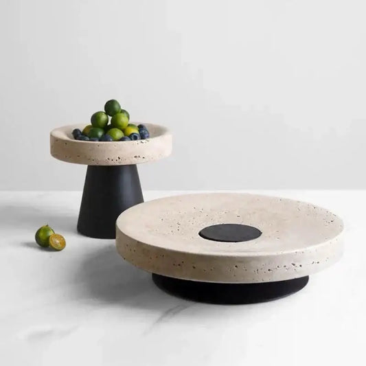 Minimalist beige travertine marble tray with speckled tops and matte black bases for dining room serving decorbites beige travertine