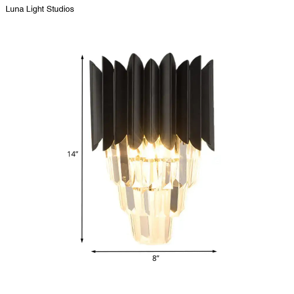 Minimalist black 2-head wall light featuring metal and crystal tiers with a tiered fan-like design for bedroom use