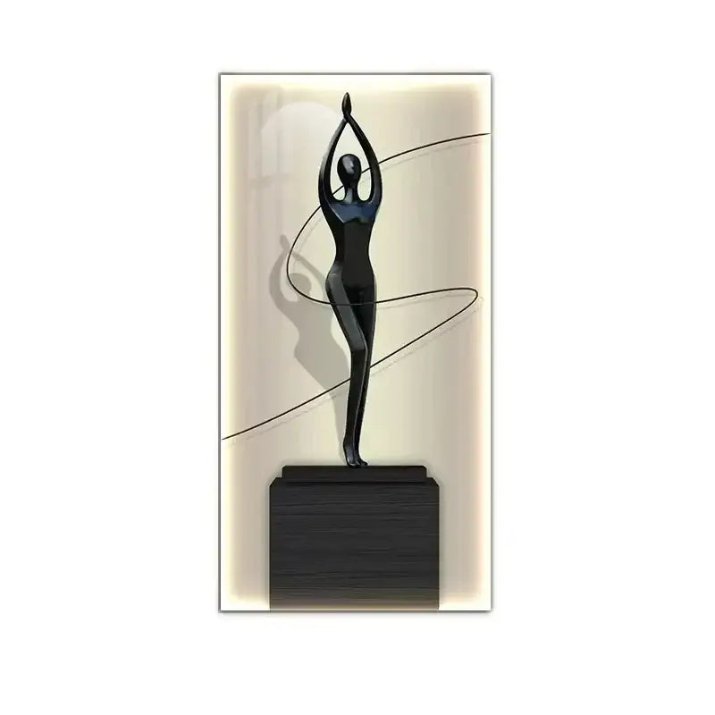 Minimalist black abstract figure luminous canvas wall lamp featuring a dancer sculpture on a dark rectangular base