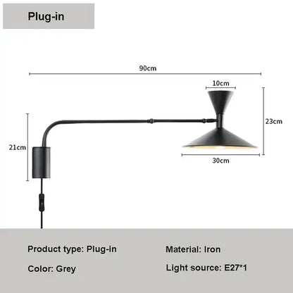 Black iron wall lamp with an adjustable long arm and conical shade for minimalist bedroom sconce lighting