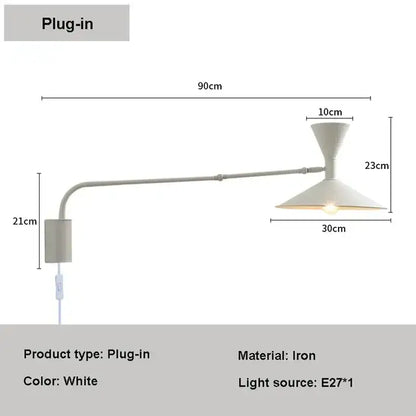 White iron wall lamp with adjustable long arm and conical shade for minimalist bedroom lighting fixture