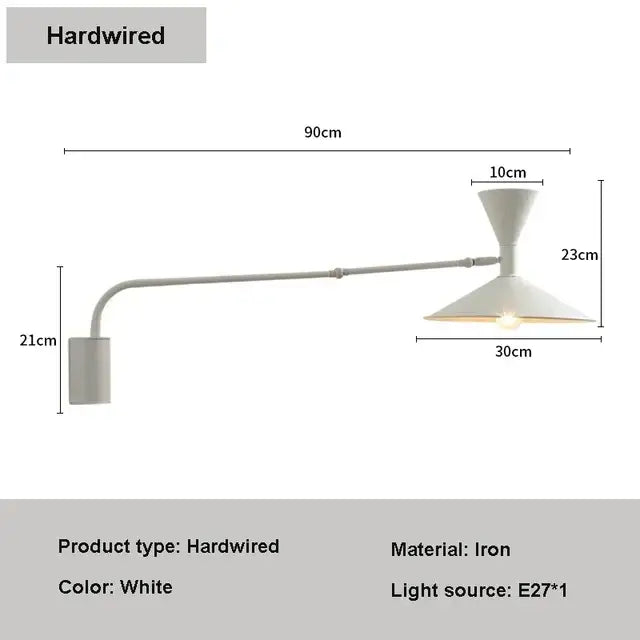White iron wall lamp with adjustable long arm and conical shade designed as a minimalist bedroom sconce