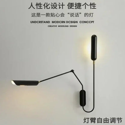 Black minimalist adjustable vintage wall lamp with articulated arm and cylindrical head for bedroom reading light decorbites