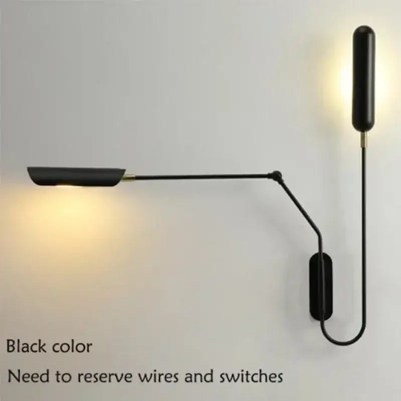 Minimalist black matte-finished wall lamp with articulated arm and cylindrical light head for bedroom reading light decorbites adjustable vintage wall