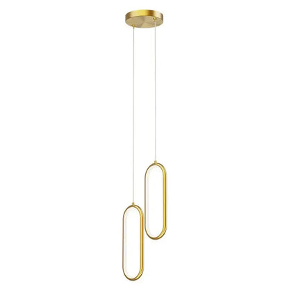 Modern gold-finished aluminium led chandelier with two elongated oval lights suspended by thin cords for dining room use