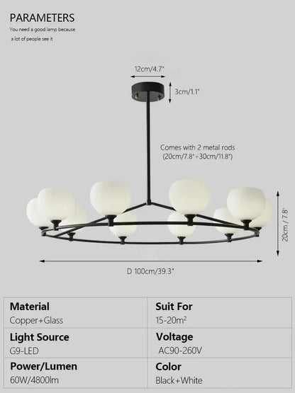 Minimalist black metal chandelier with white frosted globe shades featuring decorbites copper glass accents for dining rooms