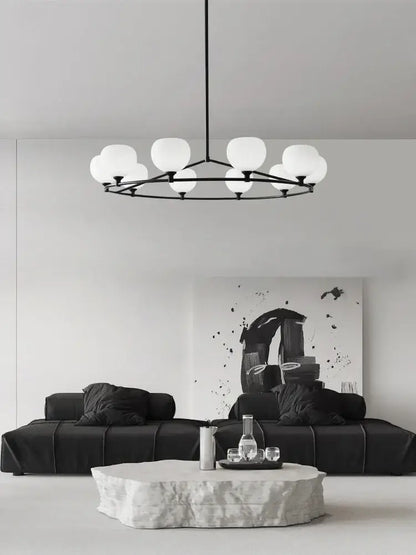 Minimalist black and copper glass chandelier with frosted globe lights for dining room decorbites copper glass design