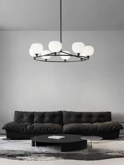 Minimalist black and copper glass chandelier with eight frosted globes for dining room decorbites copper glass lighting