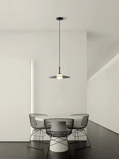 Black wireframe pendant light with a sleek, minimalist design and a frosted glass globe.