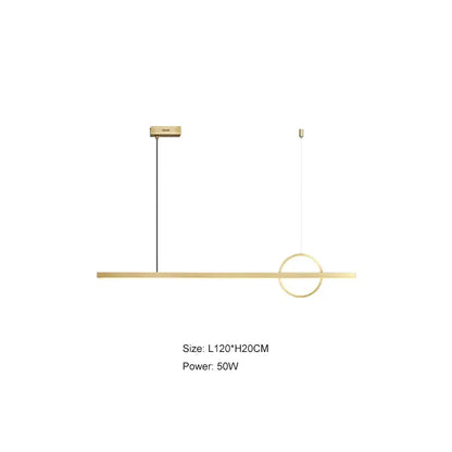 Modern gold-toned linear pendant light with sleek horizontal bar and circular accent for decorbites geometric copper chandelier