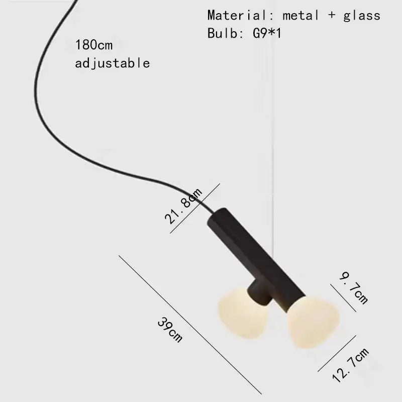 Minimalist black metal and white glass pendant light with two spherical bulbs for dining room use