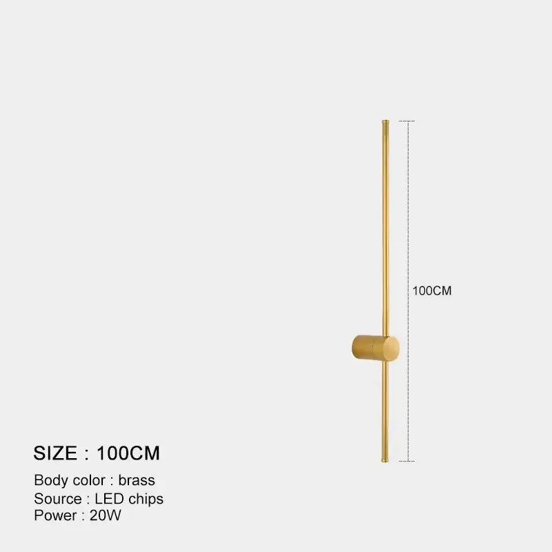 Minimalist black and brushed brass led wall lamp with a 100cm brass rod and cylindrical knob for living room